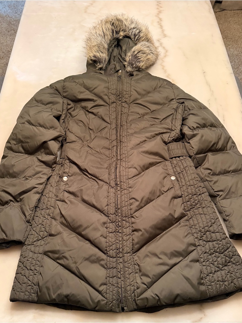 Larry Levine Olive Green Quilted Puffer Coat with Faux Fur Hood